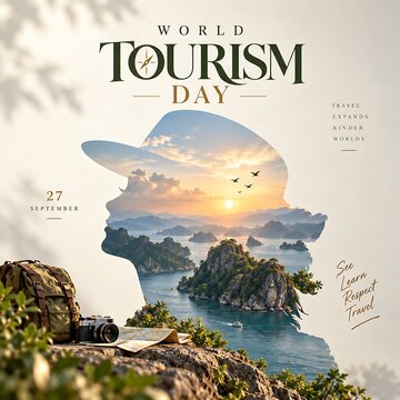 World tourism day creative composition with hiker silhouette landscape and travel equipment silhouette landscape adventure vacation backpack exploration