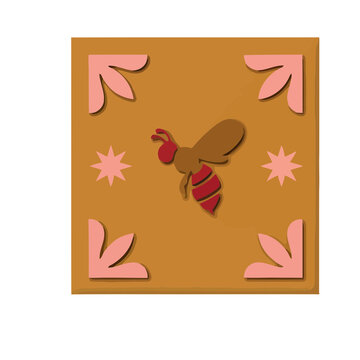 Brown and red bee with pink floral elements