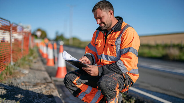 Highway maintenance worker checking construction plans on a tablet beside orange traffic cones and a temporary safety barrier, rural road surrounded by fields, professional work zone management, roa