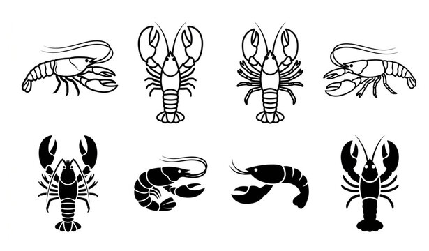 Lobster and crayfish silhouette collection, black and white and outline versions, different poses, clean vintage illustration, isolated white background.