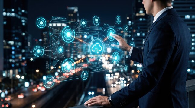 Businessman interacting with cloud computing hologram over city night skyline, representing data integrity network security and global transfer technology concept