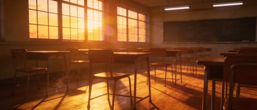 Empty classroom with desks and blackboard bathed in warm golden sunset light
