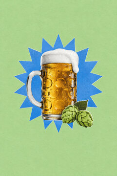 Foaming Bavarian beer stein with hops on a blue starburst against green in cut paper collage. Oktoberfest, German beer festival and brewing