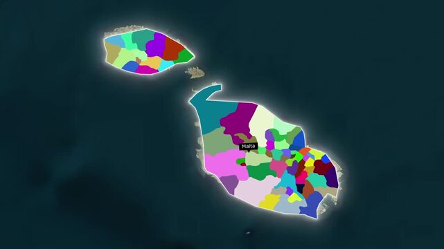 3D Animated Map of Malta Highlighting Local Councils, Gozo Island, and Mediterranean Borders