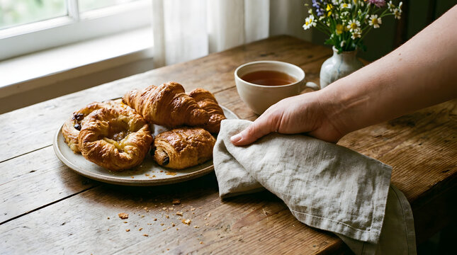 A selection of freshly baked croissants and pastries on a plate with a cup of tea on a rustic wooden table