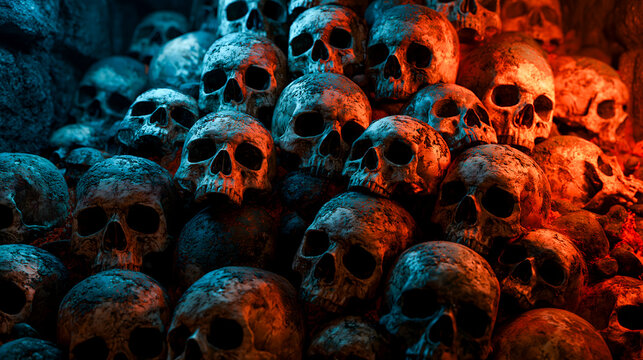 Pile of Human Skulls in Catacomb with Red and Blue Lighting