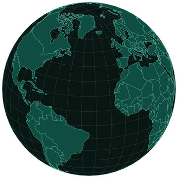 Atlas Atlantic Midnight Emerald Editable Projection Atlas World Map with editable country borders with graticule lines on a geographic projection in Grayscale Tones for Sophisticated Clean Wall Art