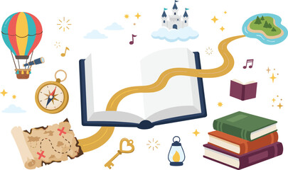 Obraz premium Fantasy Adventure Storybook Vector Illustration Featuring Open Book Treasure Map Hot Air Balloon Castle Compass Key and Island Pathway Graphics