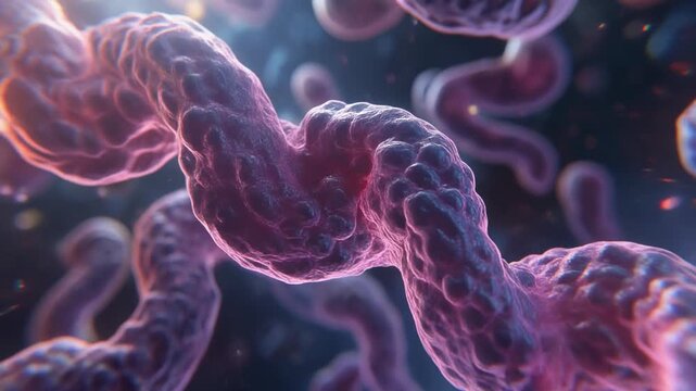 Intricate, vibrant, microscopic strands intertwine and twist in a softly illuminated, abstract biological formation, suggesting cellular structures and scientific exploration with a deeply