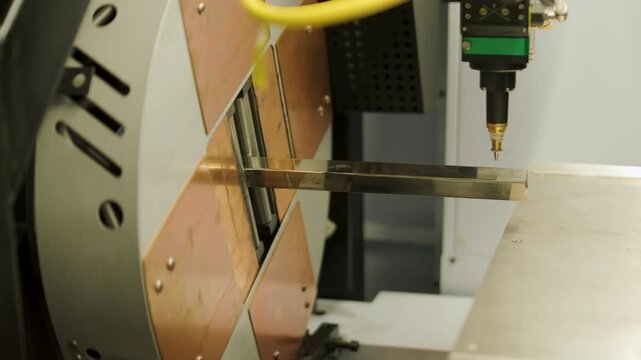 Automated CNC laser cutting machine processing a square metal pipe with bright sparks flying. Industrial metalworking, fabrication, and manufacturing process.