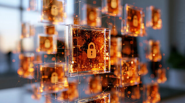Bright Digital Network Interface With Translucent Floating Panels Displaying A Data Protection Alert, Soft Amber Security Badges, Thin Connecting Lines And Glowing Nodes forming a sophisticated glob