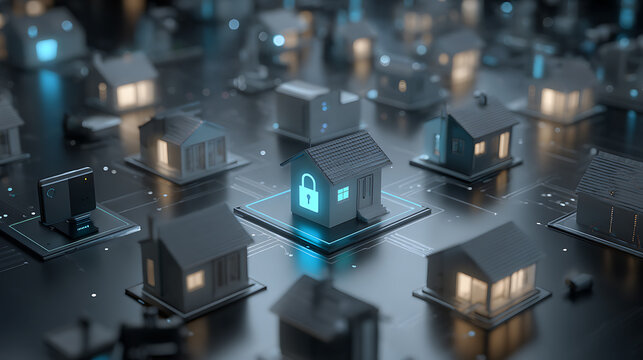 Cybersecurity concept showing a protected smart home network with a glowing digital lock, connected devices and secure data infrastructure in a modern technology environment for privacy