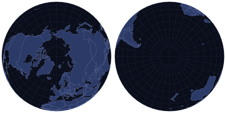 Editable Projection Atlas World Map in Atlas Globes Arctic Antarctic Indigo Night Palette with editable country borders with graticule lines on a geographic projection for Cobalt Contemporary Elegant