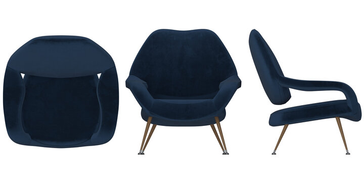 Easy chair 2d for floor plan and cross-section view, Orthogonal, top, front and side view furniture transparent background render