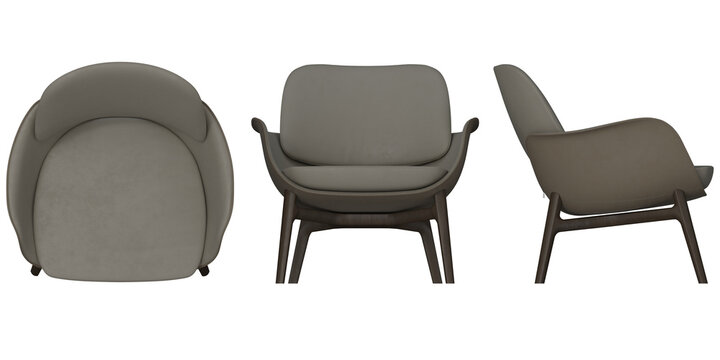 Easy chair 2d for floor plan and cross-section view, Orthogonal, top, front and side view furniture transparent background render