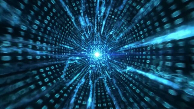 Abstract digital tunnel background with binary code and glowing light particles.