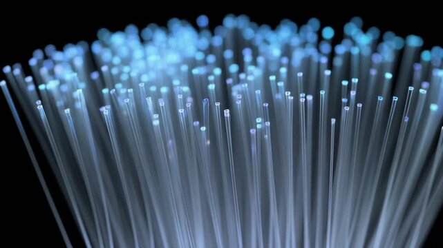 Illuminated fibers creating a glowing network of light transmission, evoking concepts of data, connectivity, and the expansion of digital information pathways through luminous threads