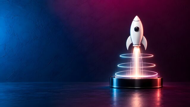 Business startup launch and innovation concept showing a 3D rocket taking off from a glowing neon launchpad