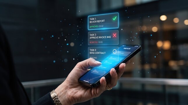 Hand holding smartphone with augmented reality task management interface, approving reports and invoices, mobile productivity, futuristic business workflow, digital organization