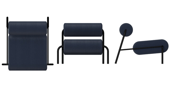 Easy chair 2d for floor plan and cross-section view, Orthogonal, top, front and side view furniture transparent background render