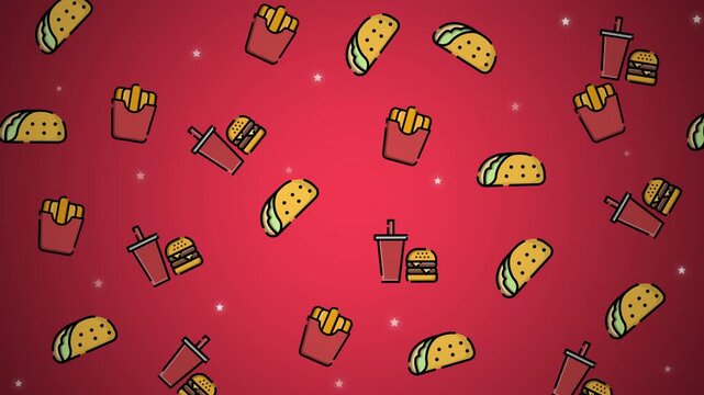Fast food pattern background burger fries taco beverage doodle animation seamless looping graphic for cafe menu and food ads.