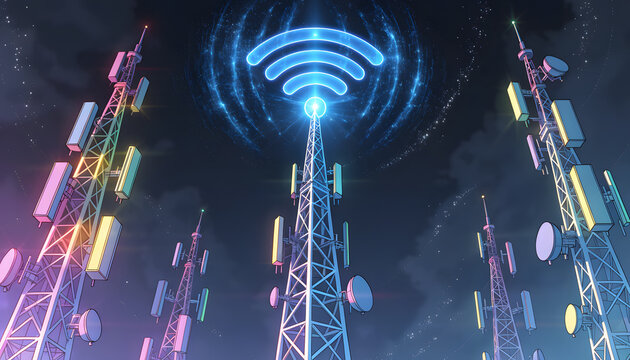 Telecommunication transmission towers with glowing wifi signals. Wireless network infrastructure and data connectivity. Broadcast radio antenna masts transmitting radio waves at night