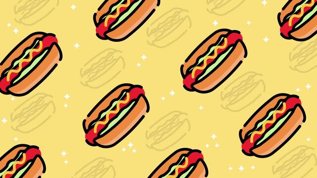 Hot dog pattern cartoon fast food doodle illustration seamless background design ideal for restaurant menus, street food banners, and wallpaper.