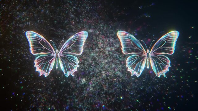 Two shimmering, ethereal iridescent butterflies with glitch effects emerge from a cosmic nebula of sparkling particles, creating a surreal, magical, and captivating visual for fantasy or sci-fi