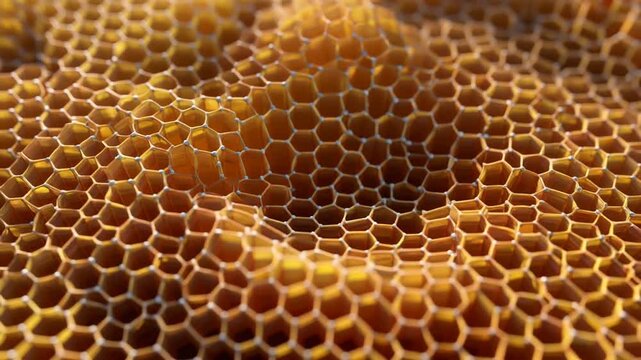 An organic, natural arrangement of hexagonal cells, formed by golden amber-colored material, creates a textured, undulating surface that evokes the intricate structure of a honeycomb or cellular