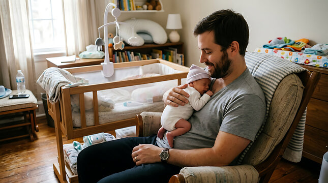 Loving young father holding his tiny newborn baby while sitting in a wooden rocking chair in a sunny home nursery.