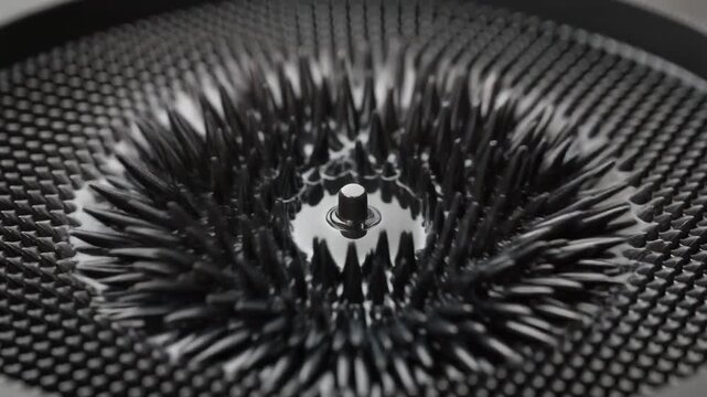 Fascinating ferrofluid forms intricate spiked patterns radiating outwards from a central point, showcasing the captivating science of magnetic fluid dynamics in a dynamic, abstract display