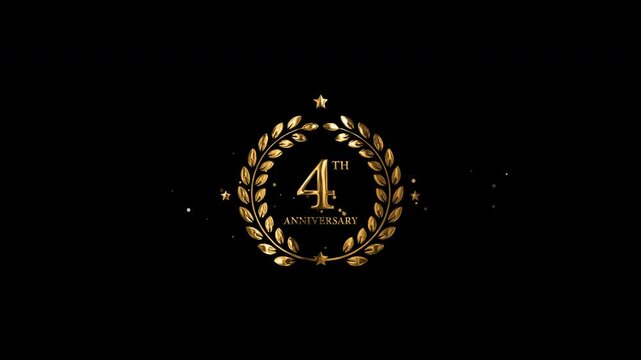 Elegant 4th anniversary emblem with a golden laurel wreath, sparkling particles, and decorative stars on a transparent background
