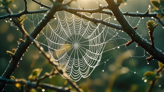 Dewdrops glisten like tiny jewels on an intricately woven arachnid's silken construction suspended between verdant branches as the morning sun casts a warm, ethereal glow across the natural