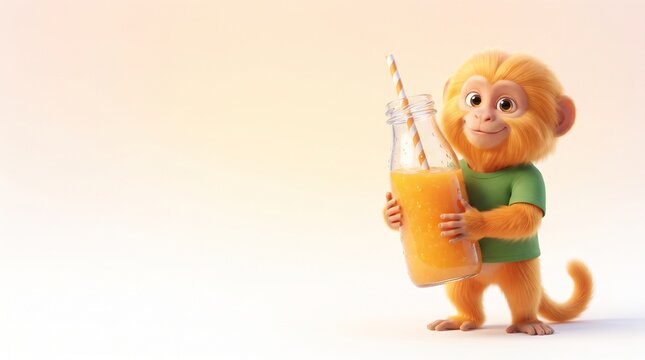 3D cute golden lion tamarin holding orange juice glass bottle banner illustration