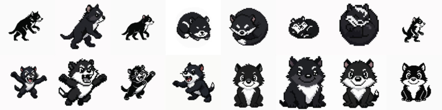 Set of cute black and white wolf cub pixel art sprites