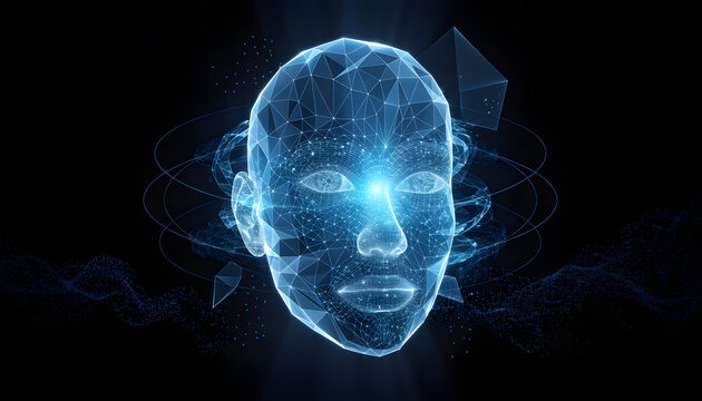 Polygonal glowing wireframe human head for artificial intelligence. Biometric face recognition system. Digital mesh face avatar shining bright data light in virtual cyberspace
