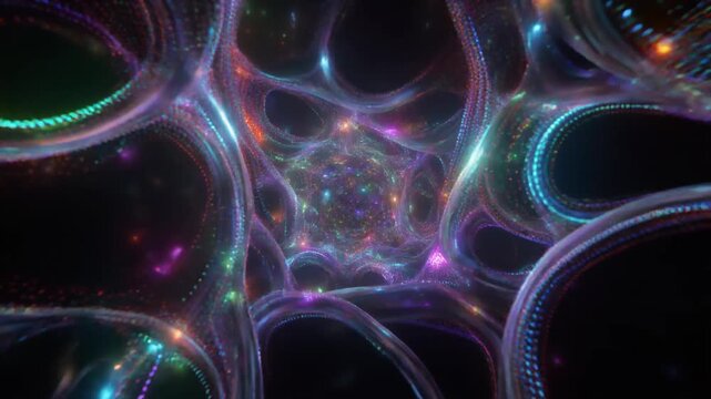 Abstract glowing cosmic network formation with vibrant ethereal strands and luminous particles resembling neural pathways or organic cellular structures in deep space