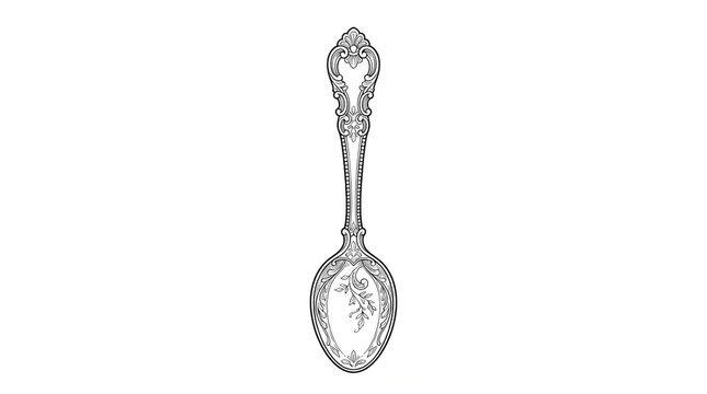 
Vintage Ornate Spoon Line Art - Antique Silver Spoon With Baroque Engraving Decorative Vector Illustration