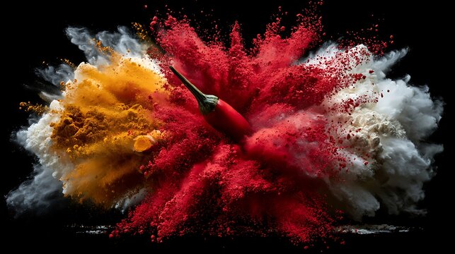 Red Hot Chili Pepper Exploding with Vibrant Red Yellow and White Powder on Black Background