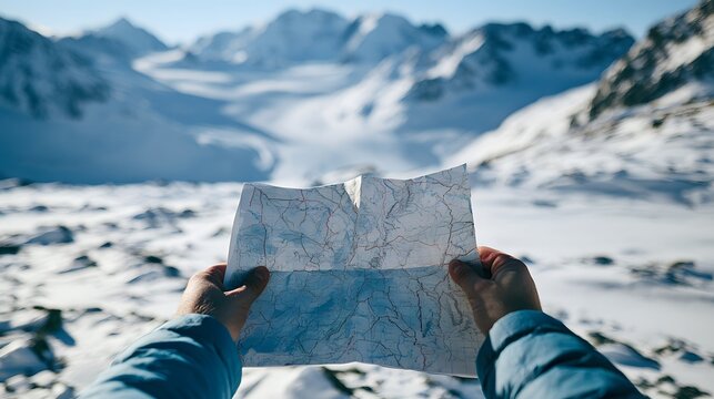 POV Hands Holding Paper Map for Winter Mountain Hike.