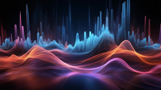 Vibrant, energetic waves of light and color undulate across a dark expanse, creating a mesmerizing, abstract visual symphony that evokes emotions and technological advancements, perfect