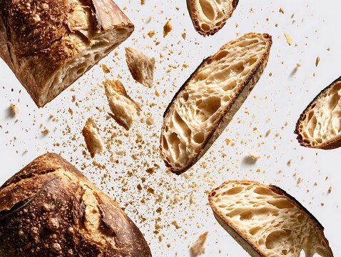Sourdough Bread Slices and Crumbs Flying in Air on White Background