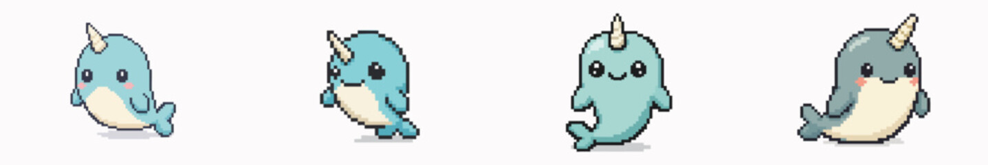 Set of cute pixel art narwhals © Vectoryu