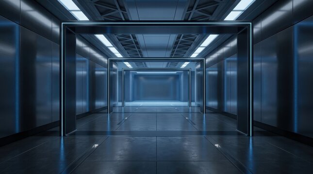 Futuristic architectural portal with metallic walls and glowing blue neon lights in a sci-fi corridor