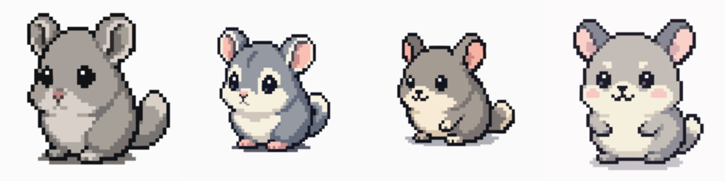 Set of cute pixel art chinchillas