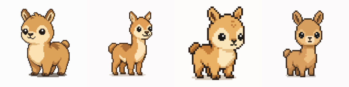 Cute pixel art baby alpaca characters set