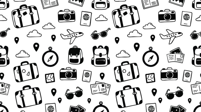 Black and white travel doodle pattern with suitcases cameras and airplanes illustration