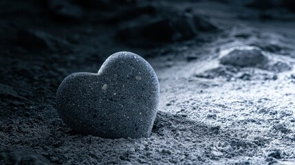 Fototapeta premium Heart shaped stone resting on sandy ground in dramatic lighting Rock Pebble