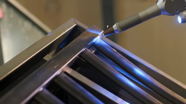 Automated CNC welding machine process, where a robotic nozzle joins metal tubes with a bright blue glow from the welding arc. Industrial metalworking, automation, and high-precision fabrication of ste