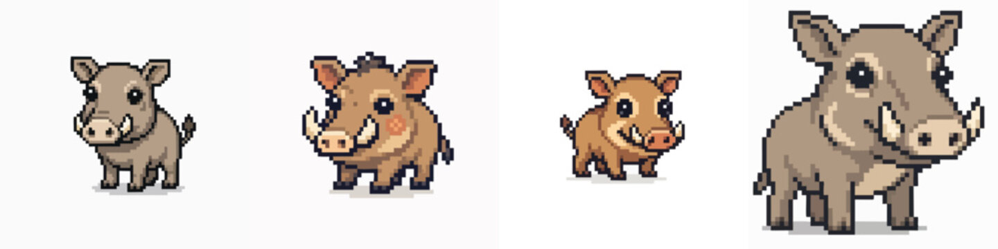 Set of cute pixel art warthogs
